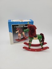 Vintage Wooden Rocking Horse 7" Tall Christmas Decoration Trenditions Green Red