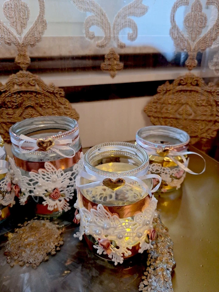 7x Teelichthalter Shabby Vintage Hochzeit Deko Glas Gold Handarbeit Weihnachten - Bild 2 von 4