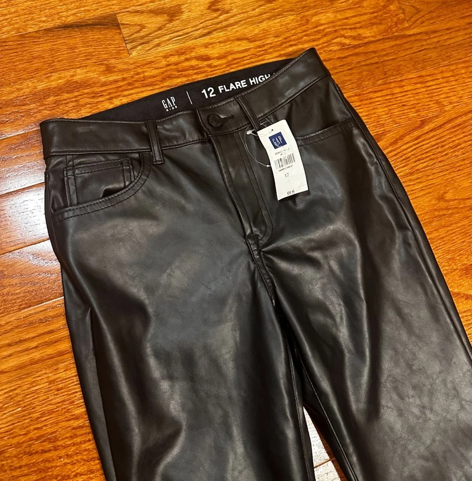 New GAP Kids Girls Flare High Rise Pants Size 12 Black Faux Leather Wide-Leg - Image 2 of 4