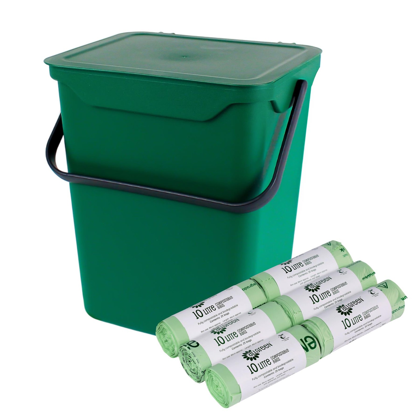 Easy Eco 10L Large Green Plastic Kitchen Food Caddy & 150x10L Compostable Bags