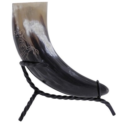 Renaissance Viking Saxon Burnt Roe Deer Drinking Horn with Forged Iron Stand
