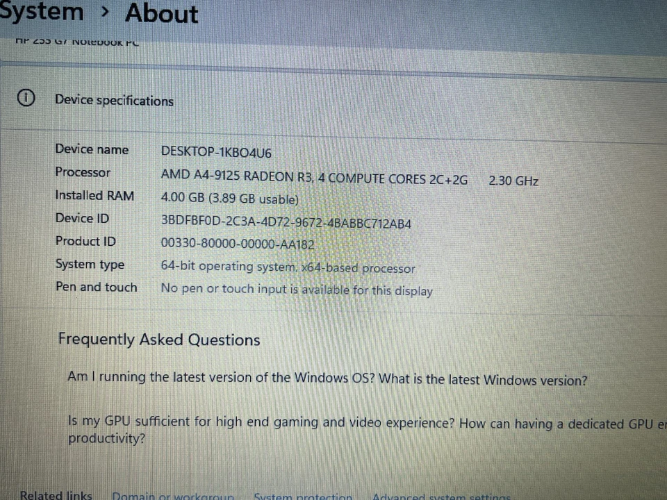 HP 255 G7 AMD A4-9125 15.6" Screen 128GB SSD 4GB Ram Windows 11 Pro Laptop - Image 4 of 4