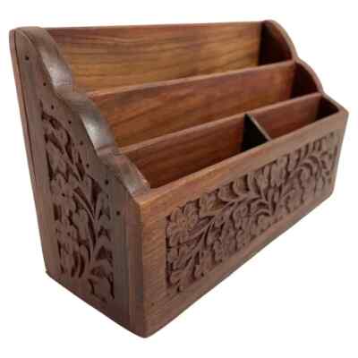 Anglo Indian Kashmiri Wood Carved Desk Letter Stationery Rack Handmade by H D