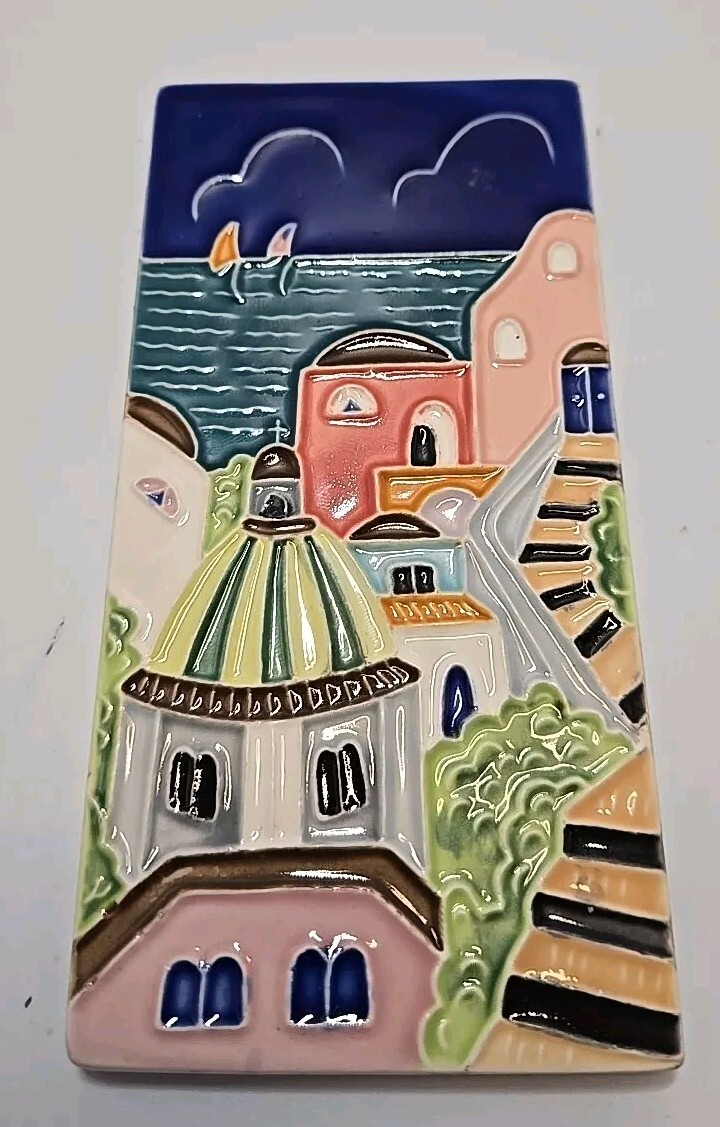 Hand-Painted Amalfi Porcelain Wall Tile Plaque Glazed Italy 6x3 Inch