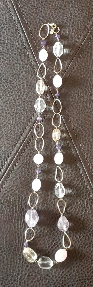 Collar de cuarzo transparente amatista de cuarzo rosa de plata esterlina fina de diseñador firmado Foto 2 de 4
