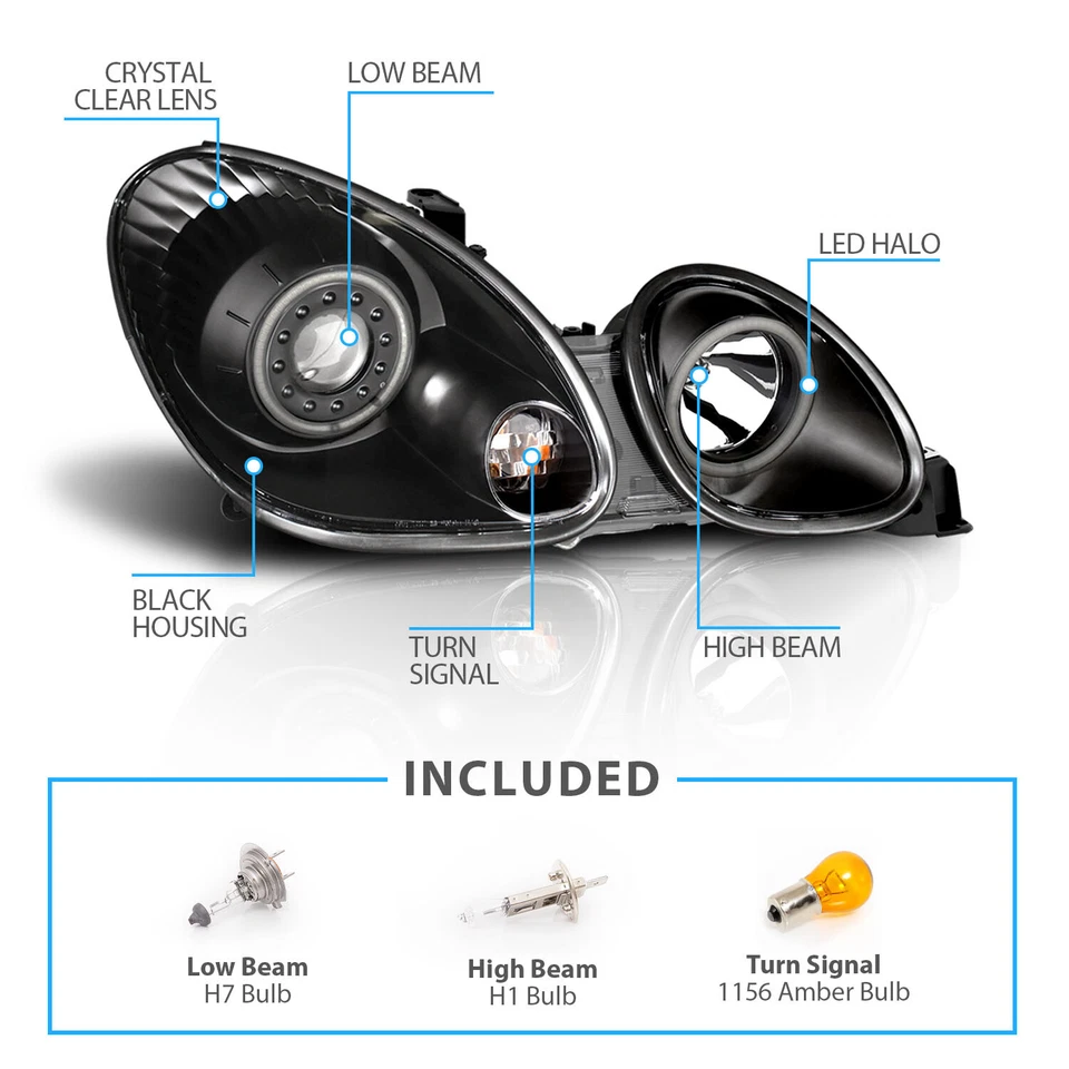 [LED Halo]For 1998-2005 Lexus GS300 GS400 GS430 4DR Projector Black Headlights - Image 4 of 4