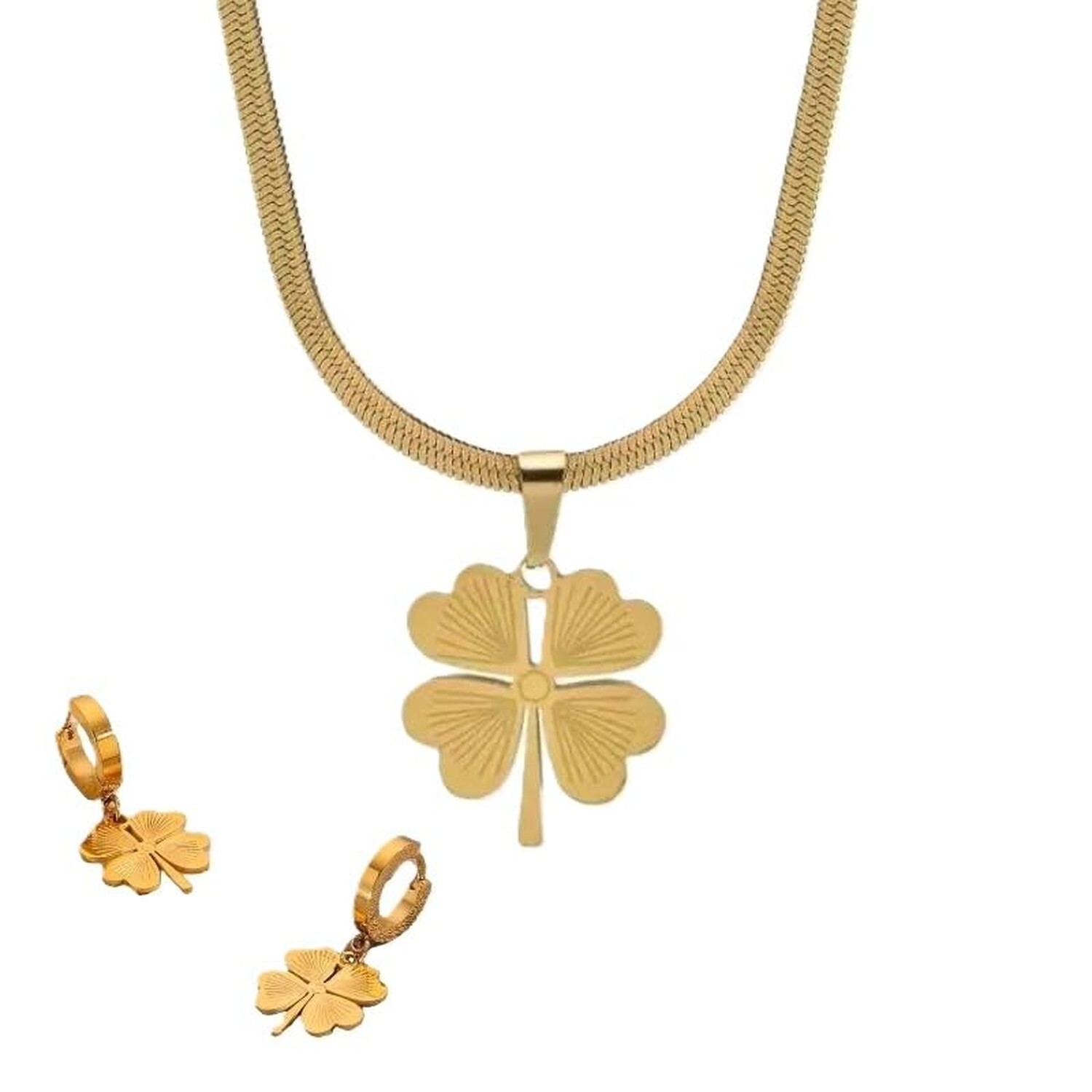 18K Gold-Plated Four-Leaf Clover Necklace and Earrings Set for Women