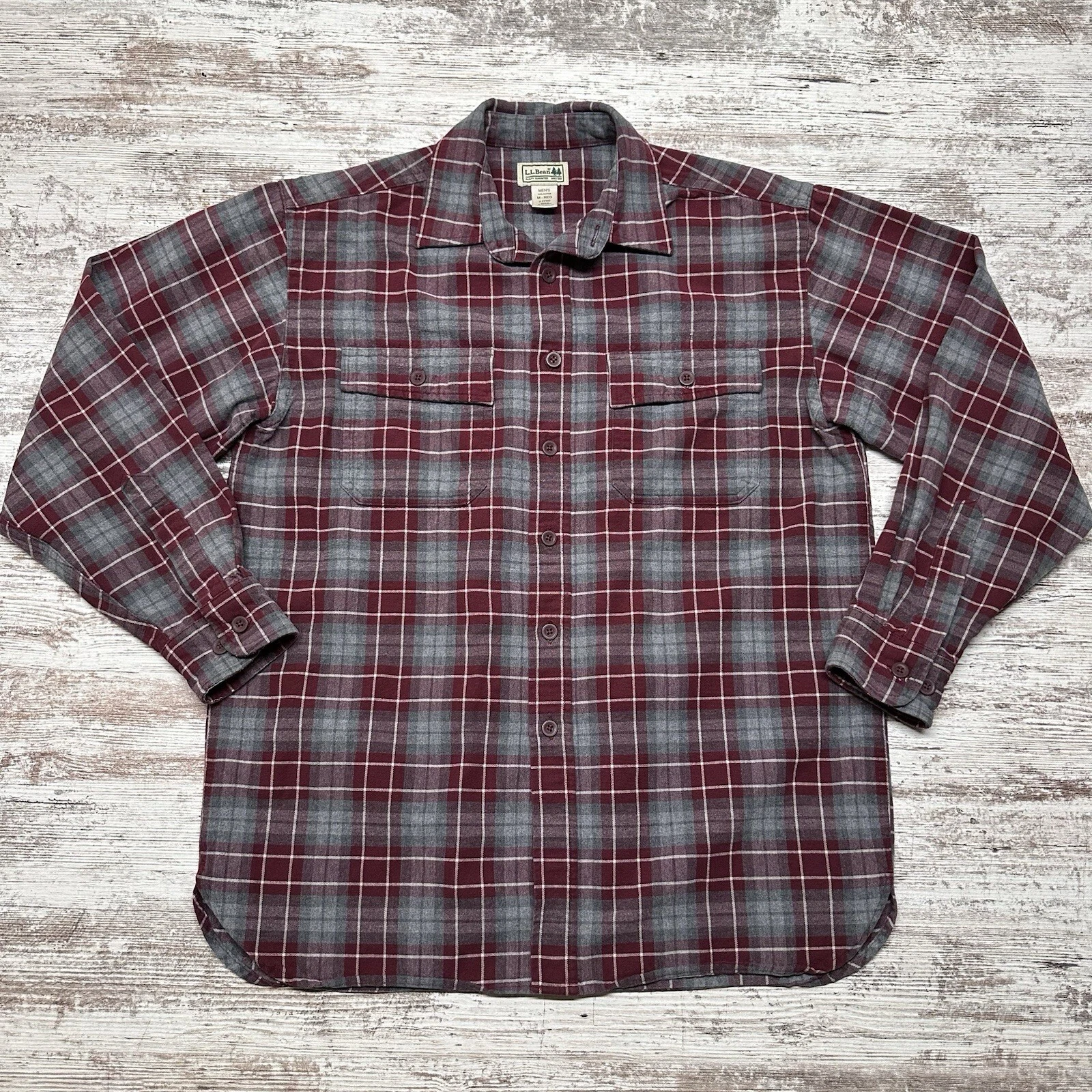 LL Bean Shirt Mens Medium Red Gray Flannel Button Up Long Sleeve Camp Workwear
