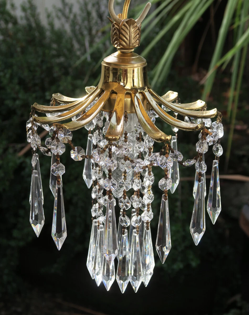 Small palm swag Lamp Brass chandelier Vintage crystal prisms leaf foyer corner