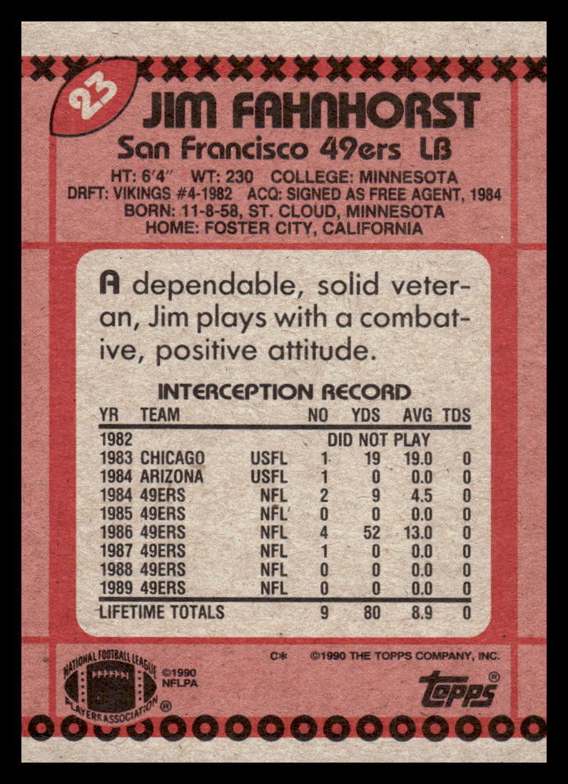 1990 Topps Jim Fahnhorst #23 San Francisco 49ers Football Card | eBay
