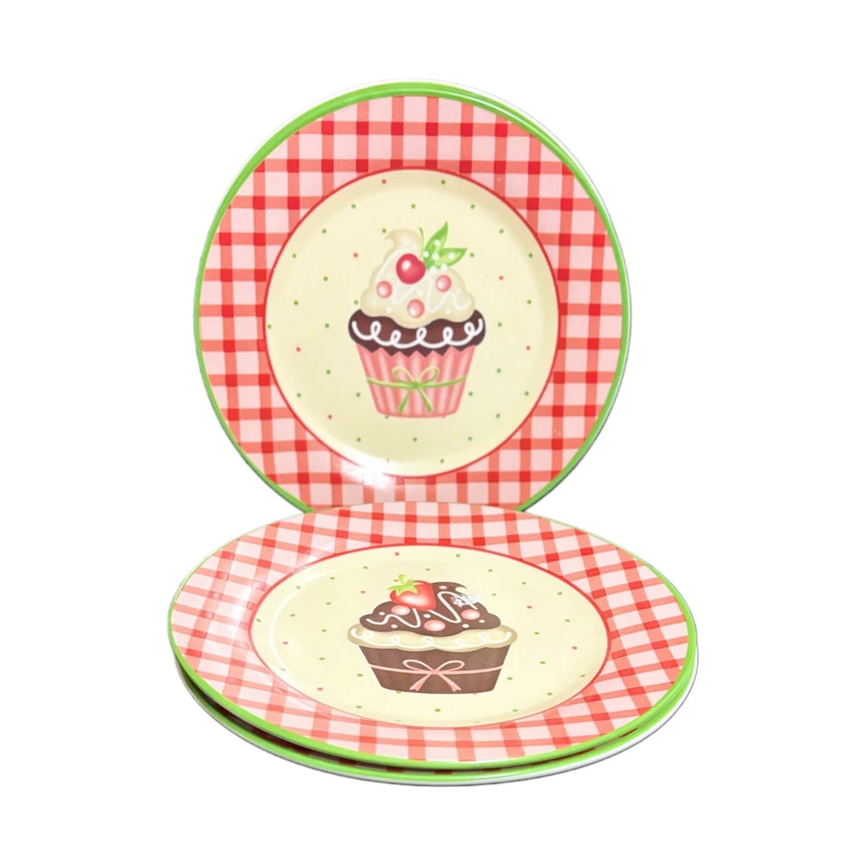 TRISA 4 Platos de Postre Dulces Cumpleaños Cupcake Fiesta Plato Borde a Cuadros 8”D Foto 4 de 4