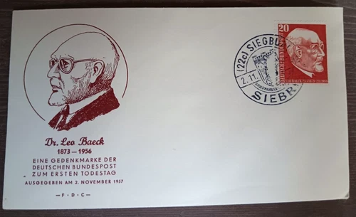 GERMANY 1957 DOCTOR LEO BAECK WW2 GERMAN RABBI JEWISH SCHOLAR HOLOCAUST SURV FDC