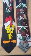 Vtg 90s Looney Tunes Christmas Neck Tie Lot Of 2 Taz Daffy Tweety Bugs T4