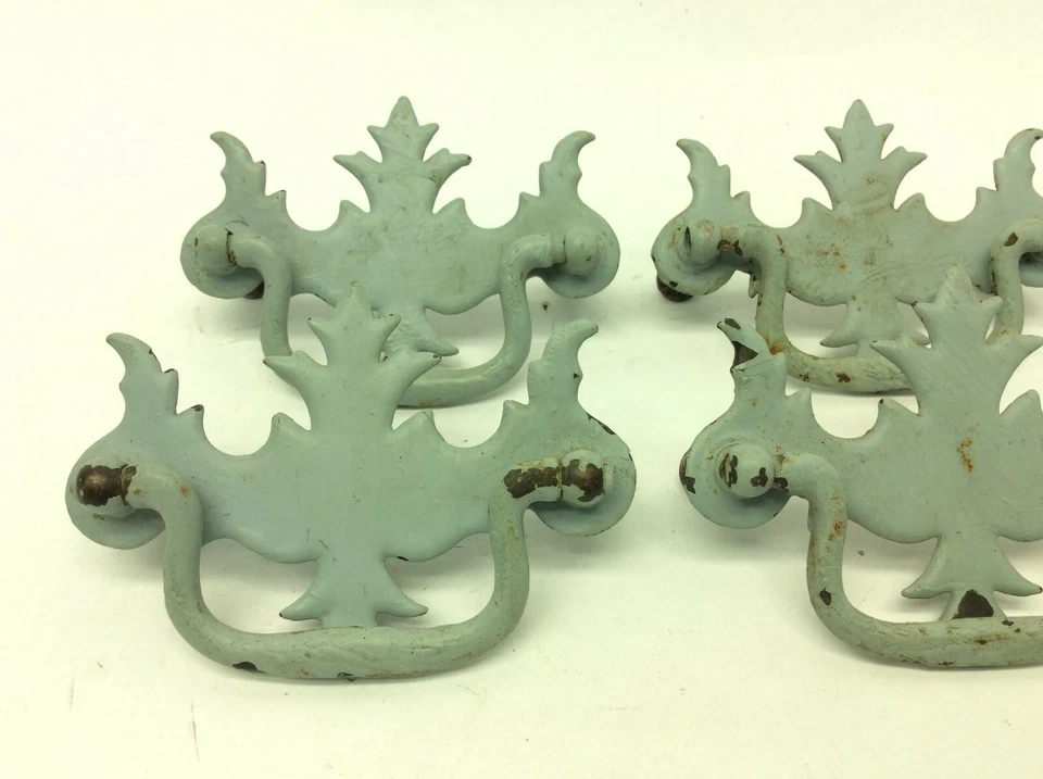 Vintage Set 6 Used Metal Painted Light Blue Decorative Dresser Drawer Pulls  - Image 2 of 4