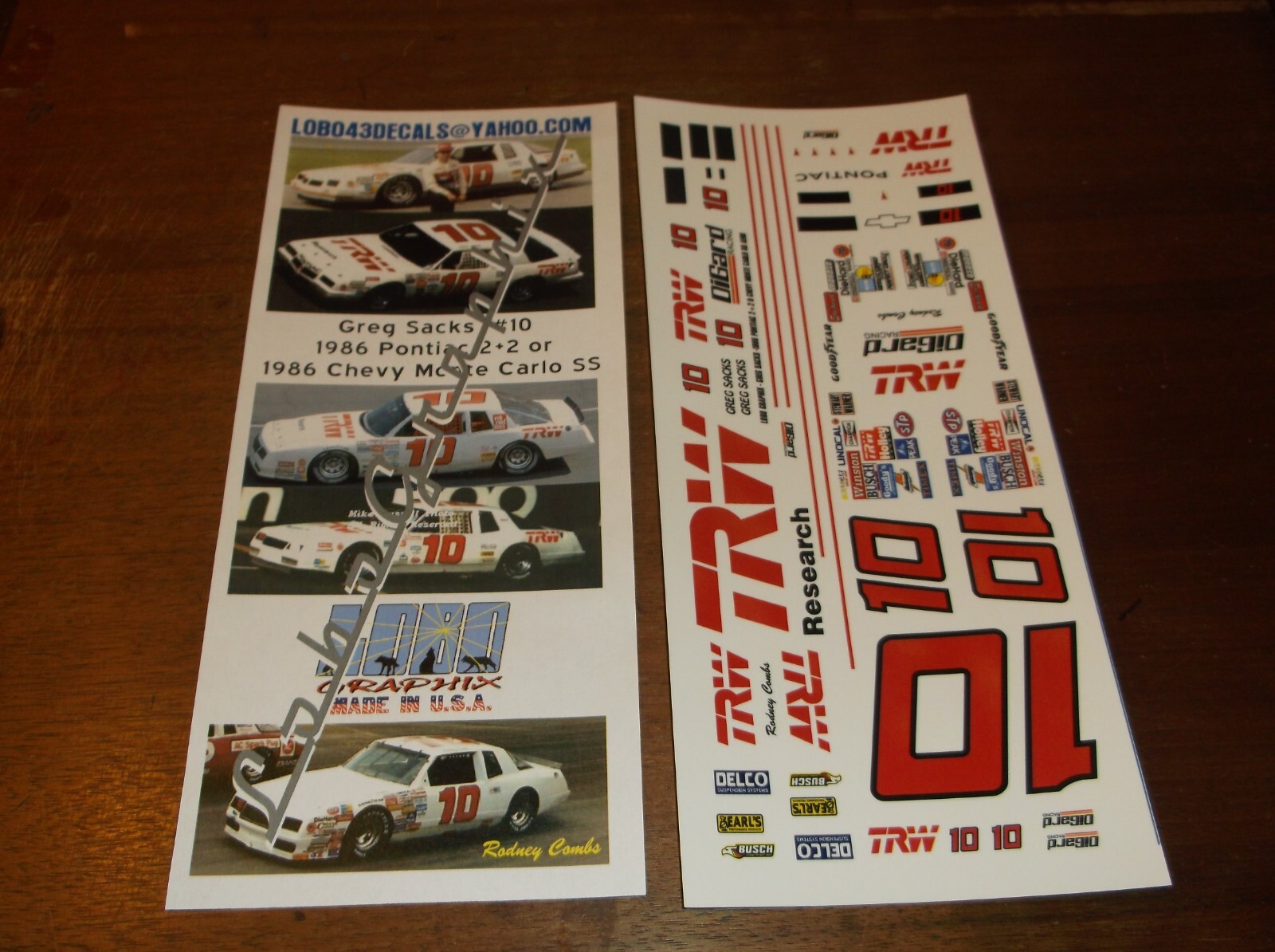 Greg Sacks #10 TRW 1986 Pontiac or Chevy  1/24th scale decals LoboGraphix