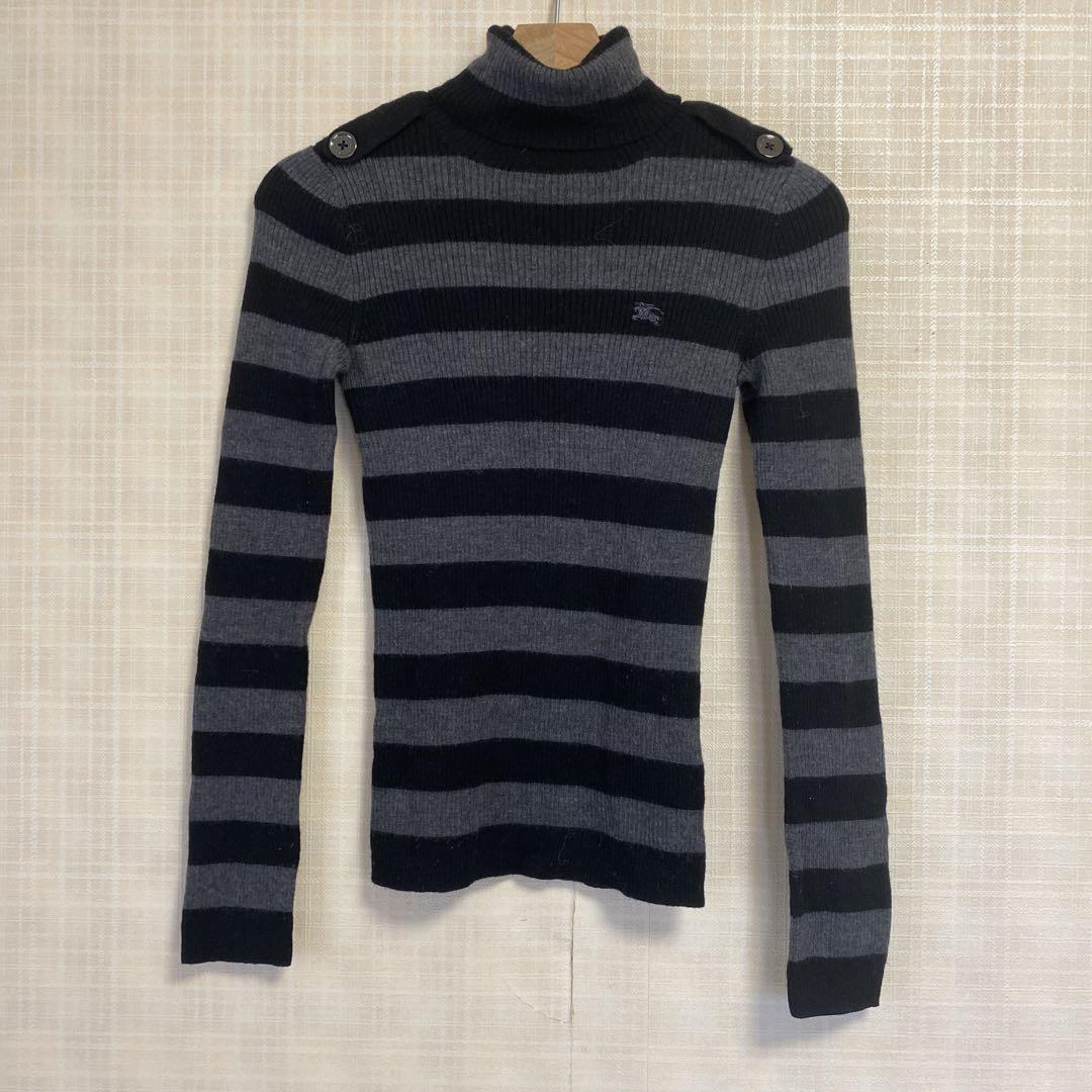 Burberry Blue Label Knit Turtleneck Sweater Black Gray Stripe M Wool 100%