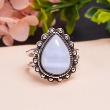 Natural Blue Lace Agate Gemstone 925 Sterling Silver Ring Oxidize Jewelry Gift.