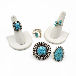 Southwest Signed Sterling Turquoise Sawtooth Bezel Wrap Rings Lot of 5 #S6116 5