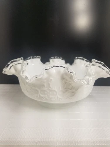 Fenton * Spanish Lace Ruffled Bowl * White Milk Glass Silver Crest * 10" * 0503