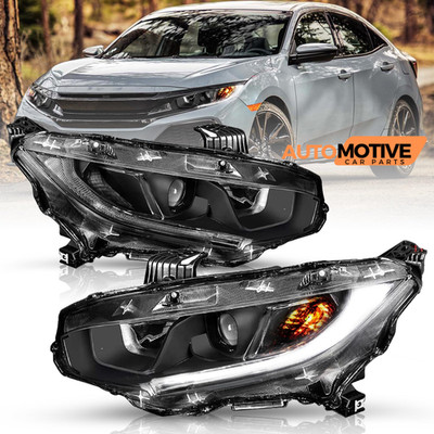For 2016-2021 Honda Civic Assembly Headlights Black Lamp Halogen LED Left+Right