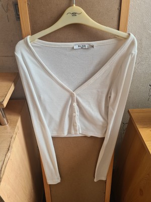 NA-KD Off White Rib Button Cardigan - Size XXS
