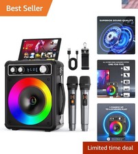 Portable Bluetooth Karaoke Machine with 2 Wireless Mics  LED Lights - 9x5.11in