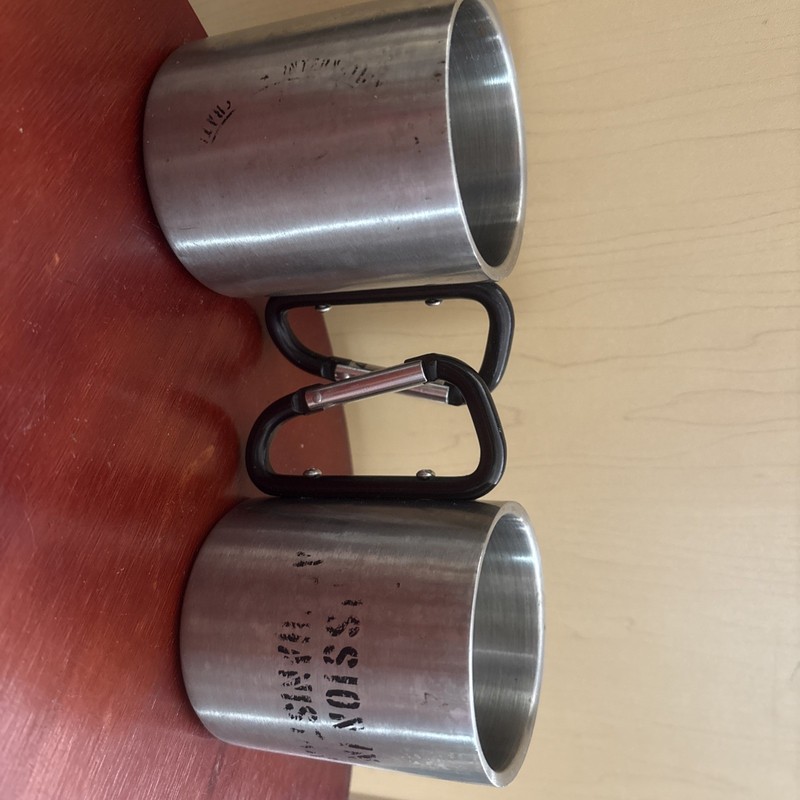 Stainless steel camp mug featuring a carabiner clip handle Mission Afghanistan
