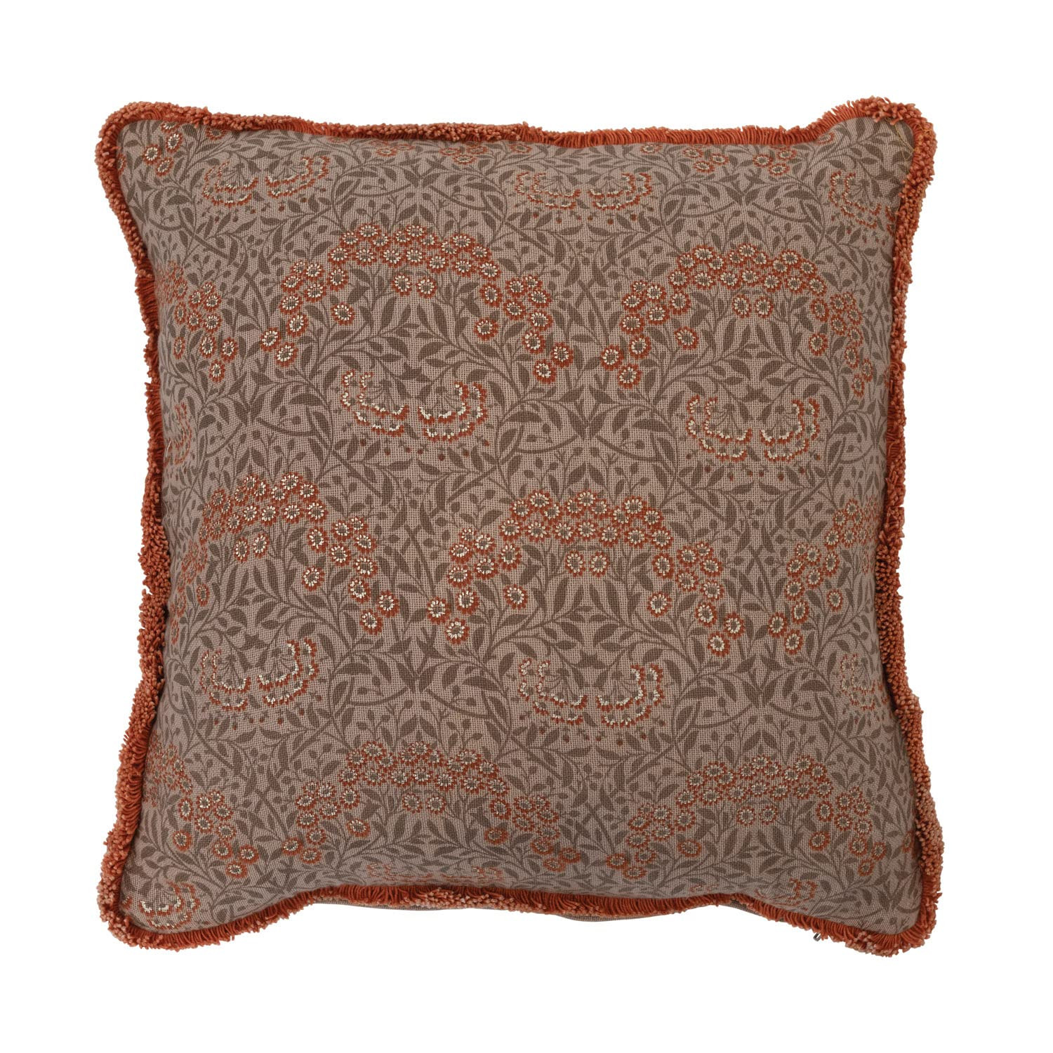 Metallic Floral Printed Cotton Pillow with Eyelash Fringe 16x16 Inch