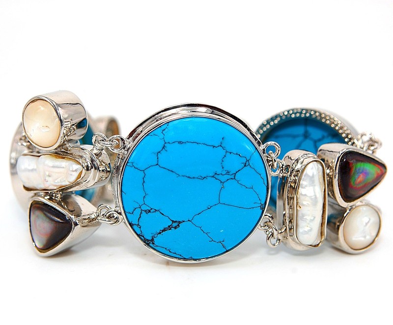 Natural Spider Web Turquoise & Pearl 925 Sterling Silver Tennis Bracelet SQ6