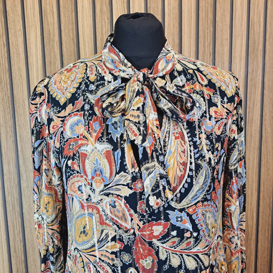 Superdry Vestido Dorado Negro Marrón Metálico UK 12 Midi Manga Larga Cuello Atado Acampanado Foto 3 de 4