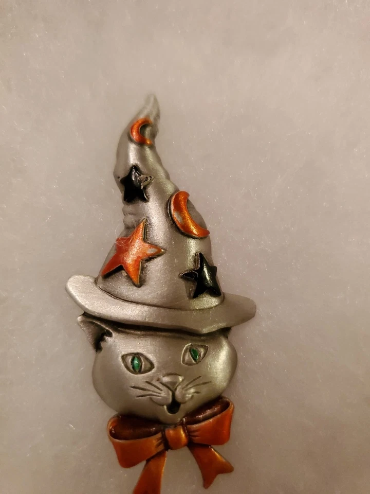 2.5" JJ Jonette Silver-T Pewter Black Orange Halloween Cat Wizard Hat Brooch Pin - Image 3 of 4