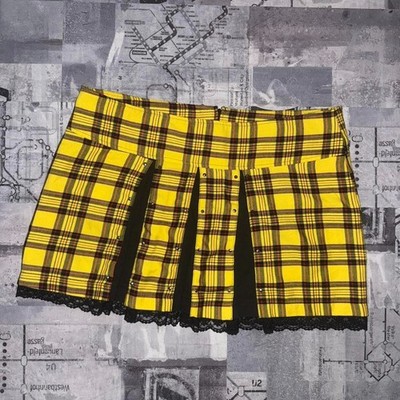Vintage Blest Punk Mini Skirt Yellow Plaid Studs & Lace Size XL Grunge Goth