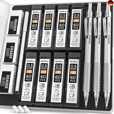 Nicpro 3 Stücke 0,5 mm Druckbleistifte Set mit Etui, Automatische Metall