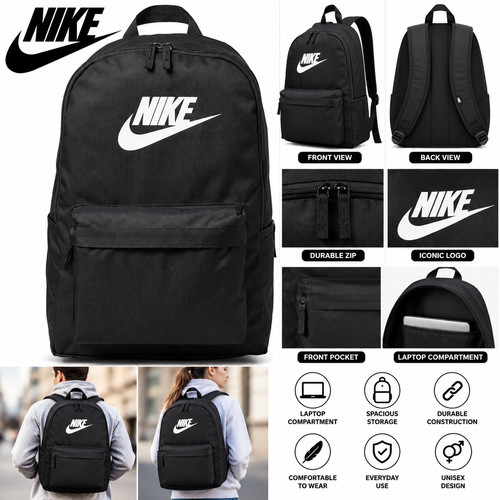 Nike Heritage Backpack Black Unisex Rucksack School Gym Sports Travel Bag