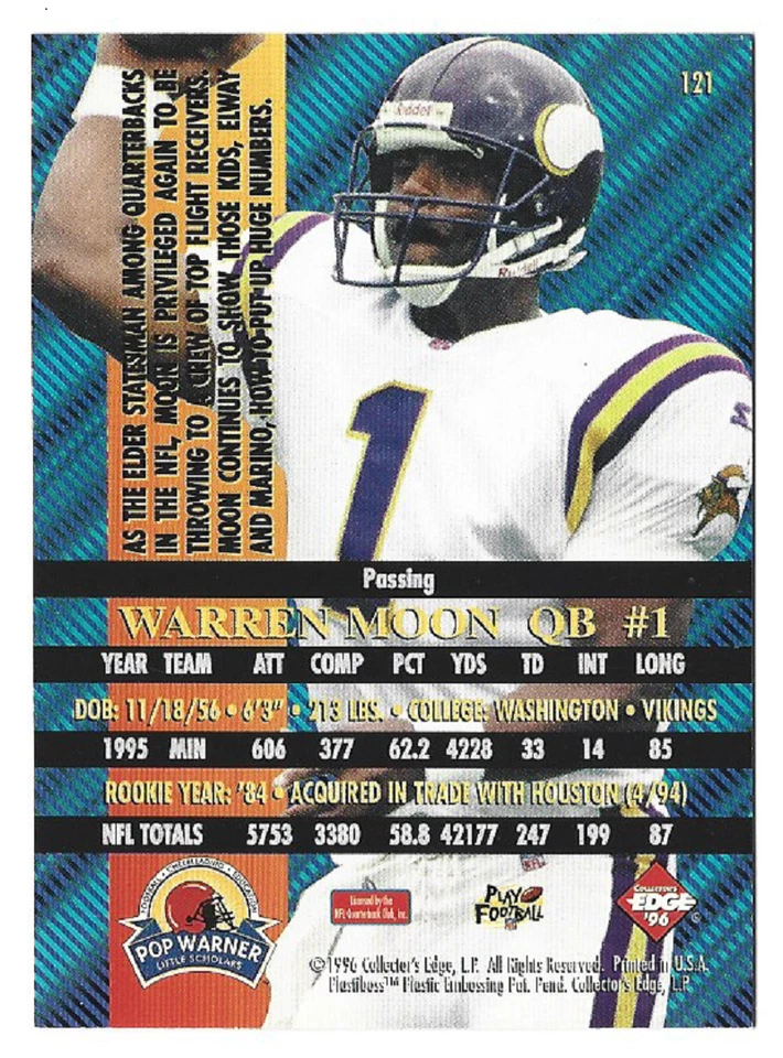 WARREN MOON 1996 Collector's Edge Advantage Football # 121 Vikings HOF NM - MT - Image 2 of 2