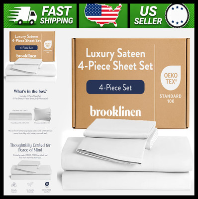 Brooklinen Luxury Sateen 4 Piece King Sheet Set White 100% Cotton