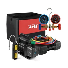 PB Motor TECH 4.5CFM 1/3HP Vacuum Pump with 3-Way AC Manifold Gauge Set for R...