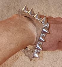 SPIKED PUNK SQUARE CUFF BRACELET SILVERTONE METAL W/CLEAR CZ CRYSTALS 7" WRIST