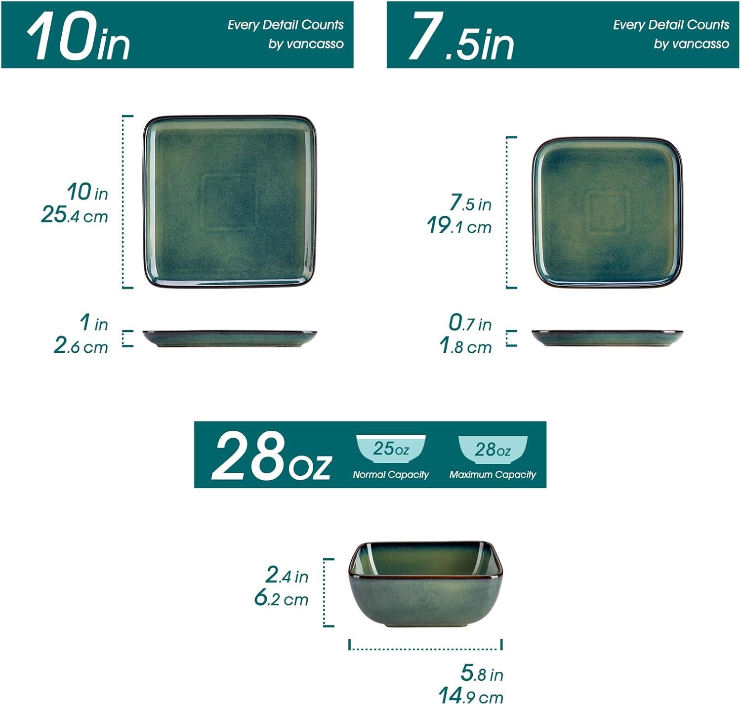 vancasso Stern Green Dinner Set Square Reactive Service for 4 (12 pcs), 