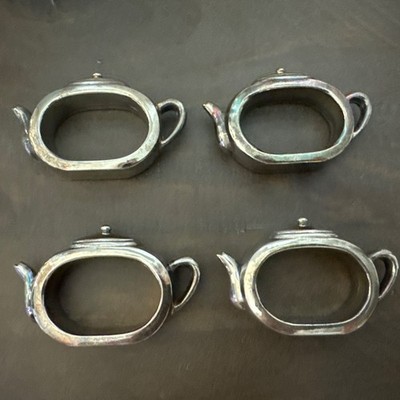 Tea Pot Napkin Ring Mad Hatter Tea Party Pewter Silver Tone Set Of 4