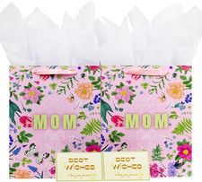 2 Pack 13" Large Mother Day Gift Bags with Handles, Pink Floral Gift Bags with T