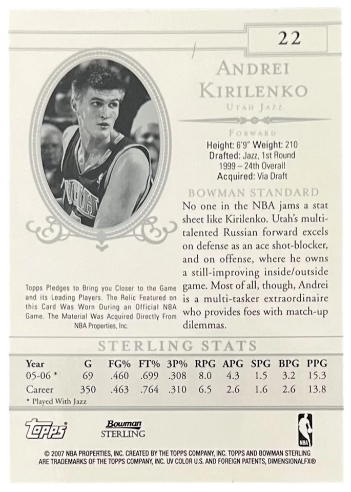 2006 Bowman Sterling Memorabilia #22 Andrei Kirilenko Utah Jazz - Image 2 of 2