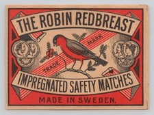 Robin Red Breast Safety Matches Vintage Matchbox Label Made in Sweden