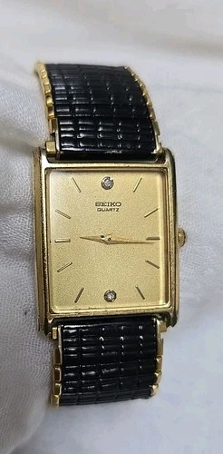 Mens Seiko Gold Quartz Working Watch Diamond Markers 6530 5079 Spiedal Band