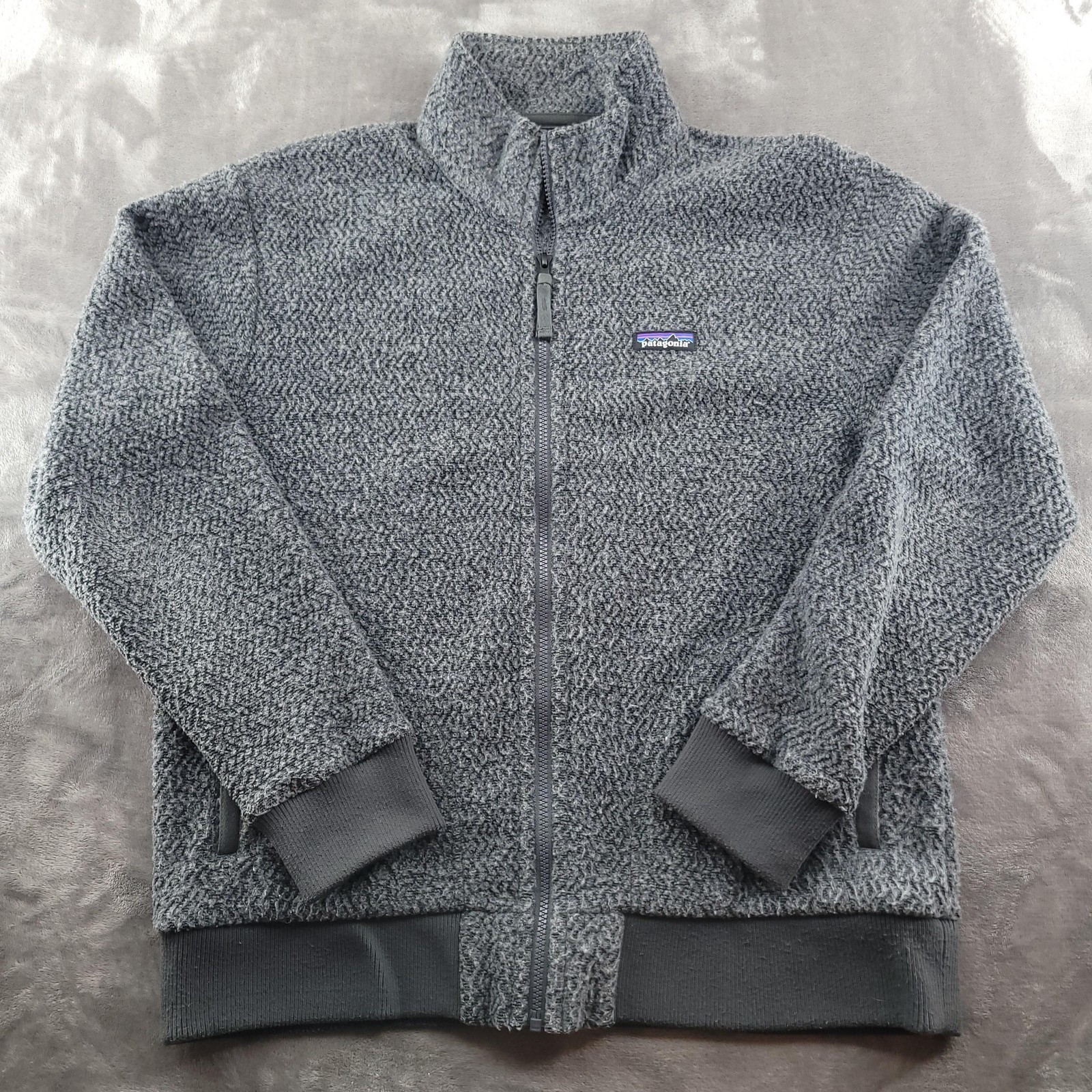 Patagonia Woolyester Fleece Jacket Mens Large Gray Full Zip Rib Knit Cuffs Hem