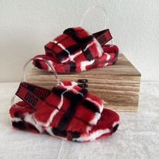 UGG FLUFF YEAH SLIDE SANDAL WOMENS US 7 PLAID PUNK RED MULTI SLINGBACK FURRY