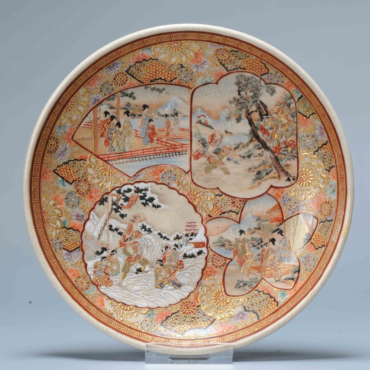Antique Meiji period Japanese Satsuma plate Figures with