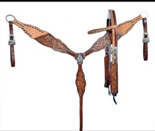 Western Natural Leather Browband Headstall  Breast Collar With Black Buckstitch