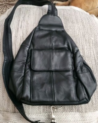 Black Leather Men Women Sling Bag Backpack Bag Unique Strap
