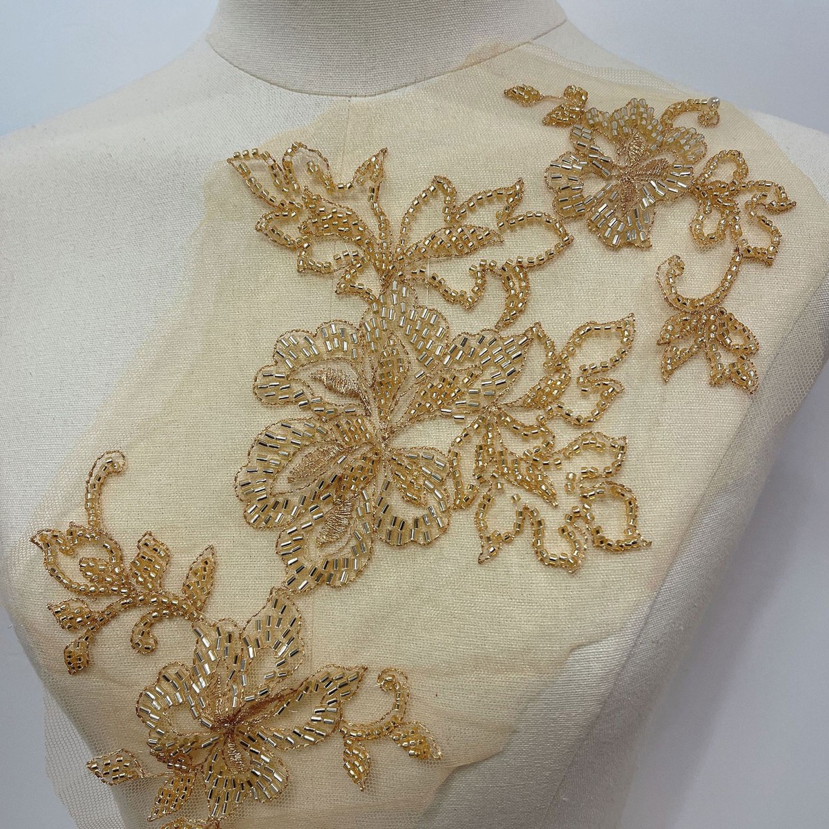 Gold Beaded Floral Lace Patch Sparkle Applique for Party Dress